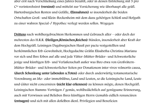 Ehevertrag des Rheingrafen  Carl Ludwig Wilhelm Theodor mit der Gräfin zu Leiningen 1768: Abschrift von Karl-Heinz Andresen / Seite 2