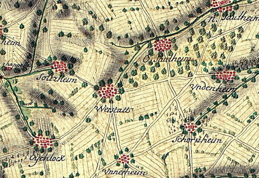 Carte Particuliere (1696, 1697) Teil der Kurpfalz / Kurfürstentum Mainz / Bistum Worms mit Kartenausschnitt "Werstatt"