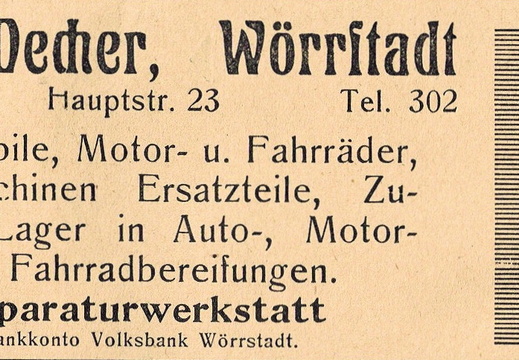 Ernst Decher, Reparaturwerkstatt 1929
